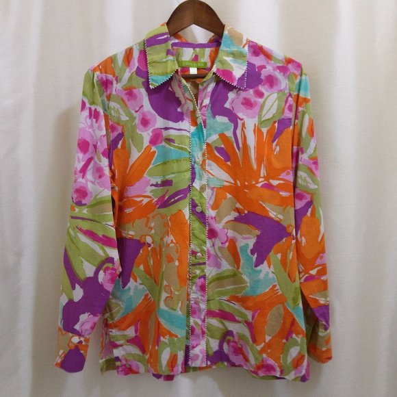 Sigrid Olsen Tops - Tropical Cotton Blouse - Long-Sleeve - Beaded - Sz Medium
